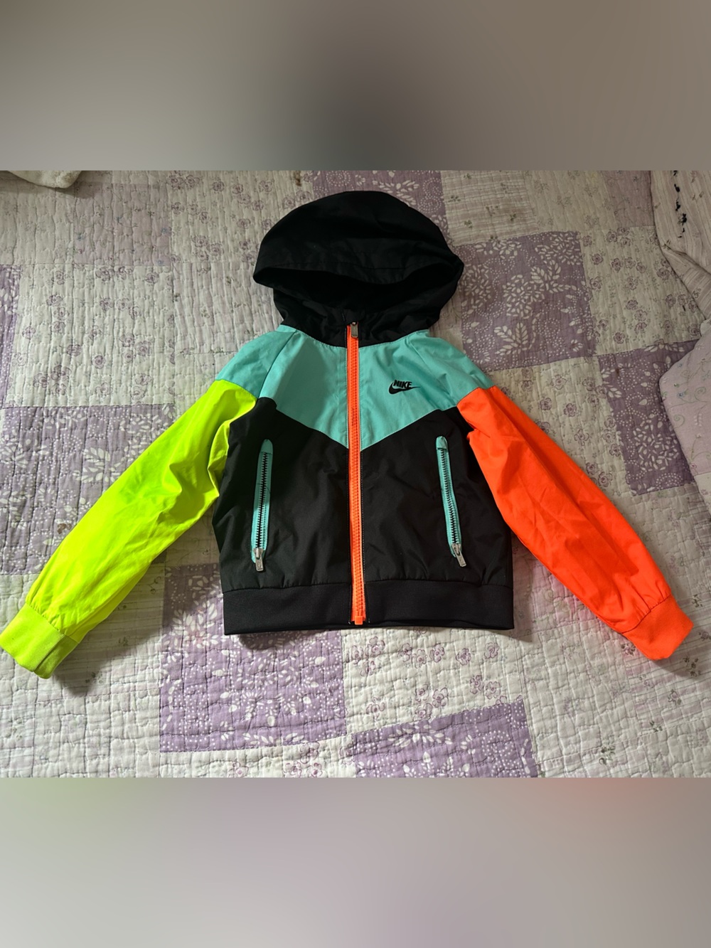 Nike Kids' Colorblock Hooded Windbreaker Jacket - Black/Teal/Neon Yellow/Orange